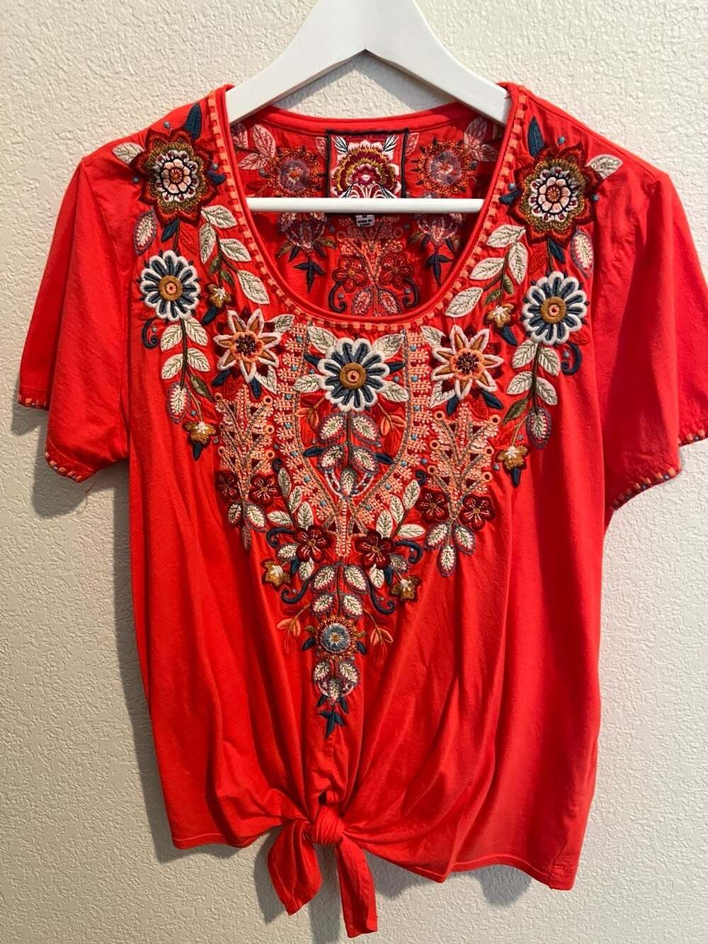 Johnny Was Los Angeles Floral Embroidered Short Sleeve Tie-Front Top